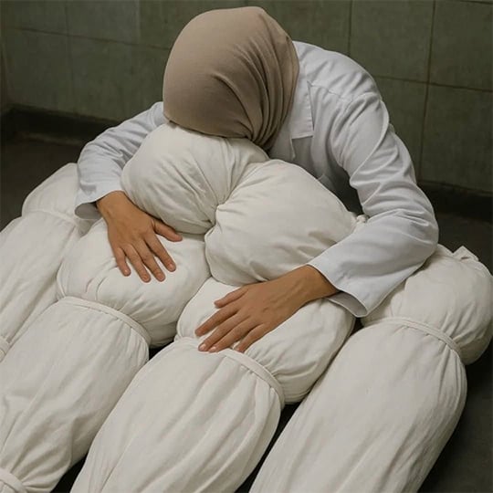 فلسطینی خاتون ڈاکٹر علا النجار اپنے شہید بچوں کے ساتھ