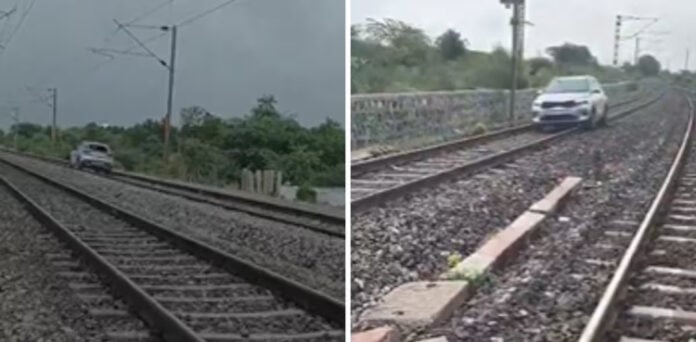 نشے میں دھت خاتون کی ریلوے ٹریک پر کار چلانے کی ویڈیو وائرل